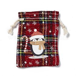 Rechteckige Jutebeutel mit Weihnachtsmotiv und Jutekordel, Tartan-Kordelzugbeutel, zum Verpacken von Geschenken, rot, Pinguin, 13.8~14x9.7~10.3x0.07~0.4 cm