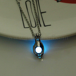 Collana con ciondolo a gabbia ovale in lega con perline di plastica luminose, bagliore nel buio gioielli per le donne, blu fiordaliso, 17.72 pollice (45 cm)
