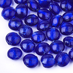 Argento fatti a mano perle di vetro MURANO, rotondo e piatto, blu, 12~13.5x11.5~13.5x7.5~8.5mm, Foro: 1~2 mm
