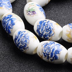 Blume gedruckt handgemachten Porzellan europäischen Perlen, großes Loch Barrel Perlen, Blau, 20x15 mm, Bohrung: 5 mm