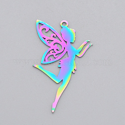 Ion Plating(IP) 201 Stainless Steel Pendants, Laser Cut, Fairy, Rainbow Color, 41x25x1mm, Hole: 1.8mm