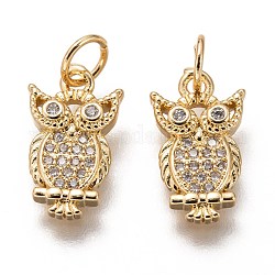 Brass Micro Pave Clear Cubic Zirconia Charms, Long-Lasting Plated, with Jump Ring, Owl Shape, Golden, 14.5x8x2.5mm, Jump Ring: 5x1mm, 3mm Inner Diameter