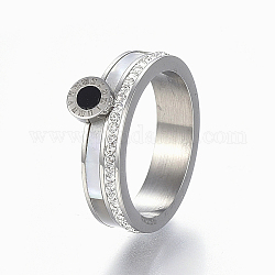 304 Stainless Steel Rings, with Polymer Clay Rhinestone and Shell, Flat Round with Roman Numerals, Size 9, Stainless Steel Color, 19mm