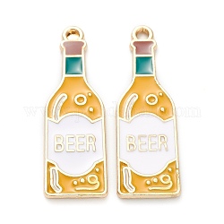 Colgantes de esmalte de aleación, accesorio de la joya, la luz de oro, botella con palabra cerveza, oro, 34x11x1.5mm, agujero: 1.6 mm