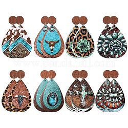 Sunnyclue 8 paia 8 stili orecchini a bottone pendenti in similpelle a goccia, orecchino a goccia in legno stile cowboy occidentale per le donne, 71mm