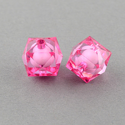 Transparente Acryl Perlen, Perle in Perlen, facettiert Würfel, tief rosa, 10x9x9 mm, Bohrung: 2 mm, ca. 1050 Stk. / 500 g