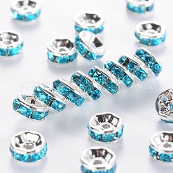 Séparateurs perles en laiton avec strass, couleur argentée, sans nickel, aigue-marine, 7x3.2mm, Trou: 1.2mm