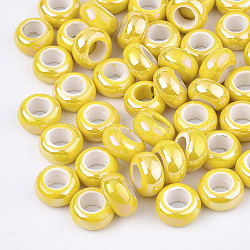 Cuentas de porcelana electrochapa, Abalorios de grande agujero, color de ab chapado, rerondana plana, amarillo, 12~13x6.5mm, agujero: 6 mm