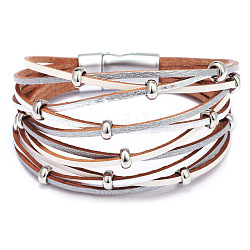 PU Leather Multi-strand Bracelets, with Alloy Magnetic Clasp and Alloy Beads, White, 7-1/2 inch(19cm), 35mm