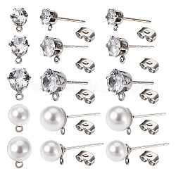 Pandahall 40 pièces 5 style abs plastique imitation perle et clair cubique zircone boucles d'oreilles accessoires, avec 925 épingles en argent sterling et boucles horizontales, avec 50 pièces d'poussoirs d'oreilles en fer, platine, 5.5~9x4.5~8mm, pin: 0.7 mm, Trou: 0.8~1.2mm, 8 pièces / style