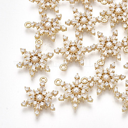 Colgantes de Latón Cubic Zirconia, con abs de plástico imitación perla, copo de nieve, real 18k chapado en oro, 17x13x3mm, agujero: 1.2 mm