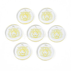 Transparent Resin Pendants, with Glitter Powder, Flat Round with Tiger Head, Champagne Yellow, 24.5x3.5mm, Hole: 1.4mm