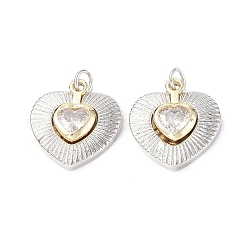 Eco-Friendly Rack Plating Brass Micro Pave Cubic Zirconia Pendants, Long-Lasting Plated, Lead Free & Cadmium Free, with Jump Ring, Double Heart Charm, Platinum & Light Gold, 19x17.5x5mm, Hole: 3.4mm