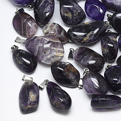 Natural Amethyst Pendants, with Stainless Steel Snap On Bails, Nuggets, Stainless Steel Color, 30~55x18~30x10~20mm, Hole: 3~4x7~8.5mm