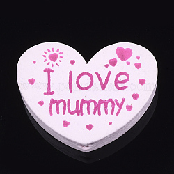 Naturholzperlen, gefärbt, Herz mit Wort Ich liebe Mama, für die Muttertagsschmuckherstellung, rosa, 23x29x7 mm, Bohrung: 2.5 mm