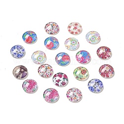 Half Round/Dome Floral Printed Glass Cabochons, Mixed Color, 12x4~5mm