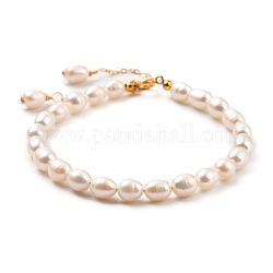 Natural Cultured Freshwater Pearl Beaded Bracelets, with Brass Cable Chains and 304 Stainless Steel Spring Ring Clasps, White, 7-1/2 inch~7-5/8 inch(19~19.5cm)