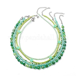 5 Stück 5 Stil Fimo Blume & Glasperlen Halsketten Set für Frauen, grün, 15.63~17.01 Zoll (39.7~43.2 cm), 1pc / style