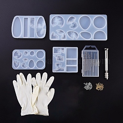 DIY Ocean Theme Pendant Kits, with Silicone Molds, for Epoxy Resin Jewelry Making, Iron Screw Eye Pin Peg Bails, Micro Drill Bits Set and Disposable Rubber Gloves, White, Molds: 4pcs/set