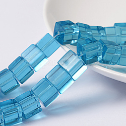 Glass Beads Strands, Cube, Deep Sky Blue, about 8~9mm long, 8~9mm wide, 8~9mm thick, hole: 1mm, about 42pcs/strand