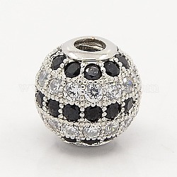 Black & Clear CZ Jewelry Findings Brass Micro Pave Cubic Zirconia Round Beads, Grade AAA, Lead Free & Cadmium Free & Nickel Free, Platinum, 10mm, Hole: 2mm