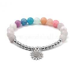 Bracelets élastiques, avec des perles naturelles de jade blanc, perles d'hématite synthétiques non magnétiques et pendentifs en alliage, fleur, colorées, diamètre intérieur: 2 pouce (5 cm)