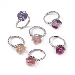 Anelli regolabili in fluorite naturale fiore, anelli da dito in ottone color platino da donna, 1~3.5mm, diametro interno: formato degli stati uniti 7 1/4 (17.5 mm)