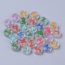 Transparent Clear Acrylic Beads, with Glitter Powder, Horizontal Hole, Flat Round with Random Letters, Mixed Color, 10x4.5mm, Hole: 2mm, about 1580pcs/500g