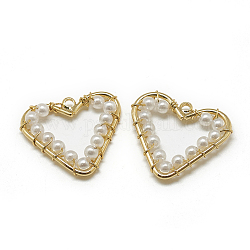 Pendentifs en plastique imitation perle ABS, avec les accessoires en laiton, cœur, véritable 18k plaqué or, 20x22.5x3mm, Trou: 1mm