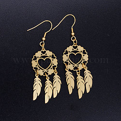 201 Stainless Steel Chandelier Earrings, Woven Net/Web with Feather, Golden, 68x20mm, Pin: 0.7mm