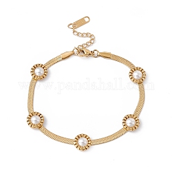 Plastic Pearl Flower Beaded Herringbone Chan Bracelet, Ion Plating(IP) 304 Stainless Steel Jewelry for Women, Golden, 7-1/4 inch(18.5cm)