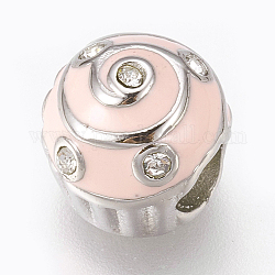 304 perline europei in acciaio inox, perline con foro grande, con smalto e rhinestone, torta, rosa nebbiosa, colore acciaio inossidabile, 10x9.5mm, Foro: 4 mm