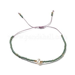 Glass Imitation Pearl & Seed Braided Bead Bracelets, Adjustable Bracelet, Dark Olive Green, 11 inch(28cm)