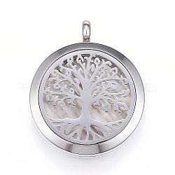 304 Stainless Steel Diffuser Locket Pendants, with Perfume Pad and Magnetic Clasps, Flat Round with Tree, Mixed Color, 36.5~37x30x6.5~7mm, Hole: 5mm