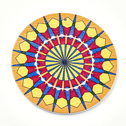 Печатные деревянные большие подвески, окрашенные, плоские круглые с цветком, красочный, 60x2.5 мм, отверстие : 1.5 мм