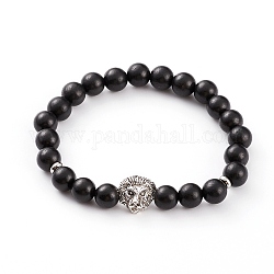 Bracelets extensibles ronds en bois naturel, avec des perles de tête de lion en alliage et 304 perles d'espacement en acier inoxydable, noir, diamètre intérieur: 2-3/8 pouce (6 cm)