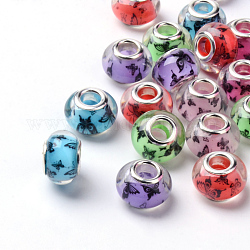 Résine de motif papillon perles européennes, Perles avec un grand trou   , avec noyaux en laiton plaqué couleur argent, rondelle, couleur mixte, 13.5~14x9~9.5mm, Trou: 5mm