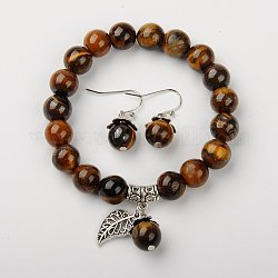 Set di gioielli naturali con occhio di tigre, bracciali e orecchini, con perline in ottone distanziatore e ganci in ottone, 2 pollice (5.2 cm), 27mm