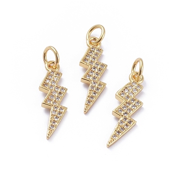 Ottone micro spianare pendenti zirconi, con anelli di salto, placcato di lunga durata, fulmine, chiaro, oro, 20x6x1.5mm, Foro: 3 mm
