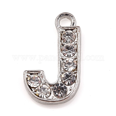 Alloy Rhinestone Letter Charms, Platinum Metal Color, Letter.J, 17x9.5x2mm,  Hole: 1.5mm