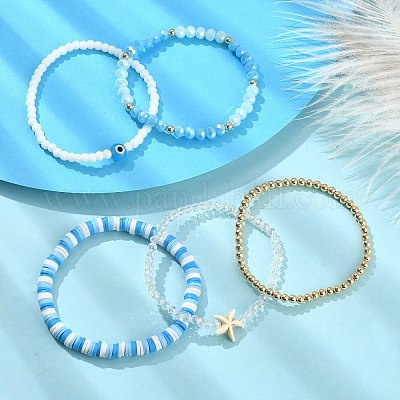 Heishi Bracelets, Blue Stackable Bracelets Set of 5, Clay Bead