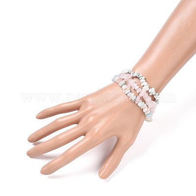 Chips de cuarzo rosa natural y morganita y howlita conjuntos de pulseras elásticas con cuentas&nbsp;BJEW-JB05332-04-1