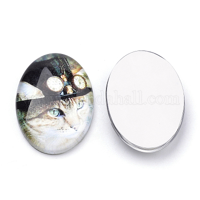 Cabochon di gattino in vetro con retro piatto&nbsp;X-GGLA-S034-25x18-024-1