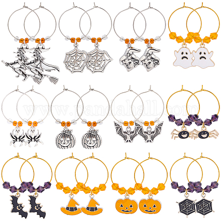 BENECREAT 24Pcs 12 Styles Halloween Witch & Bat & Spider & Pumpkin & Ghost Alloy Dangle Wine Glass Charms with Glass Beads AJEW-BC0003-11-1
