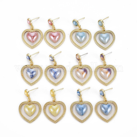 Corazón con pendientes de botón colgantes de aleación chapados en estante de porcelana EJEW-S211-004-RS-1