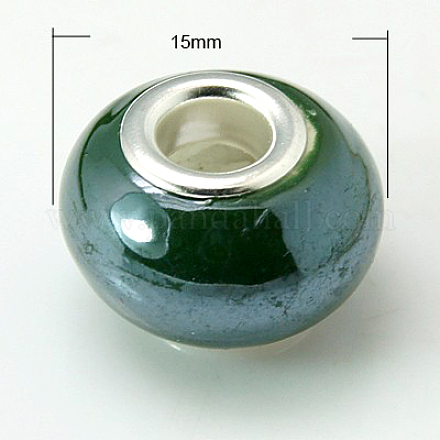 手作り陶器ヨーロピアンビーズ  シルバーカラーの真鍮の二重コアを持つ  ロンデル  ダークスレートグレー  15x10~11mm  穴：5mm OPDL-G001-4-1