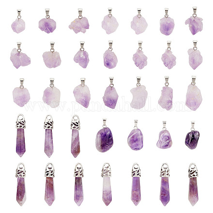 CHGCRAFT 34Pcs 3 Styles Natural Amethyst Pendants Bulk Bullet Necklace Amethyst Pendants Irregular Gemstone Charm with Findings for DIY Necklace Jewelry Making G-CA0001-65-1