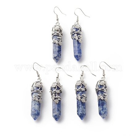 Pendientes colgantes de bala de jaspe azul natural con flor EJEW-G300-02P-13-1