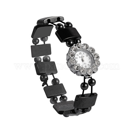 非磁気ヘマタイトビーズのストレッチブレスレットの腕時計  花の合金ラインストーンクォーツ時計の頭付き  プラチナ  50mm  ウォッチヘッド：27.5x28.5x8mm  ウオッチフェス：15mm WACH-N053-02-1