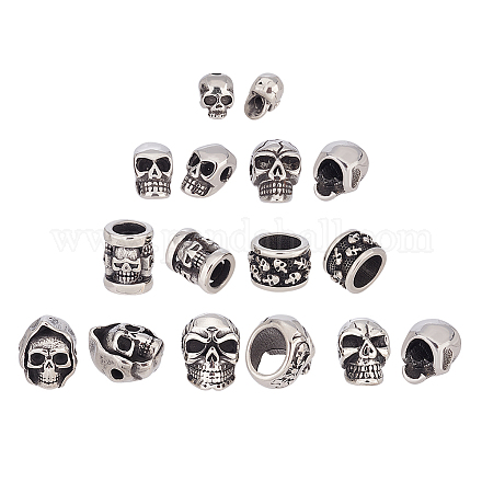 UNICRAFTALE 8Pcs 8 Style Skull Beads 304 Stainless Steel Spacer Beads Antique Silver Skull Head Loose Beads 1.5~8.5mm Hole Skull European Beads Metal Beads for Jewelry Making DIY Bracelet Necklace STAS-UN0043-54-1